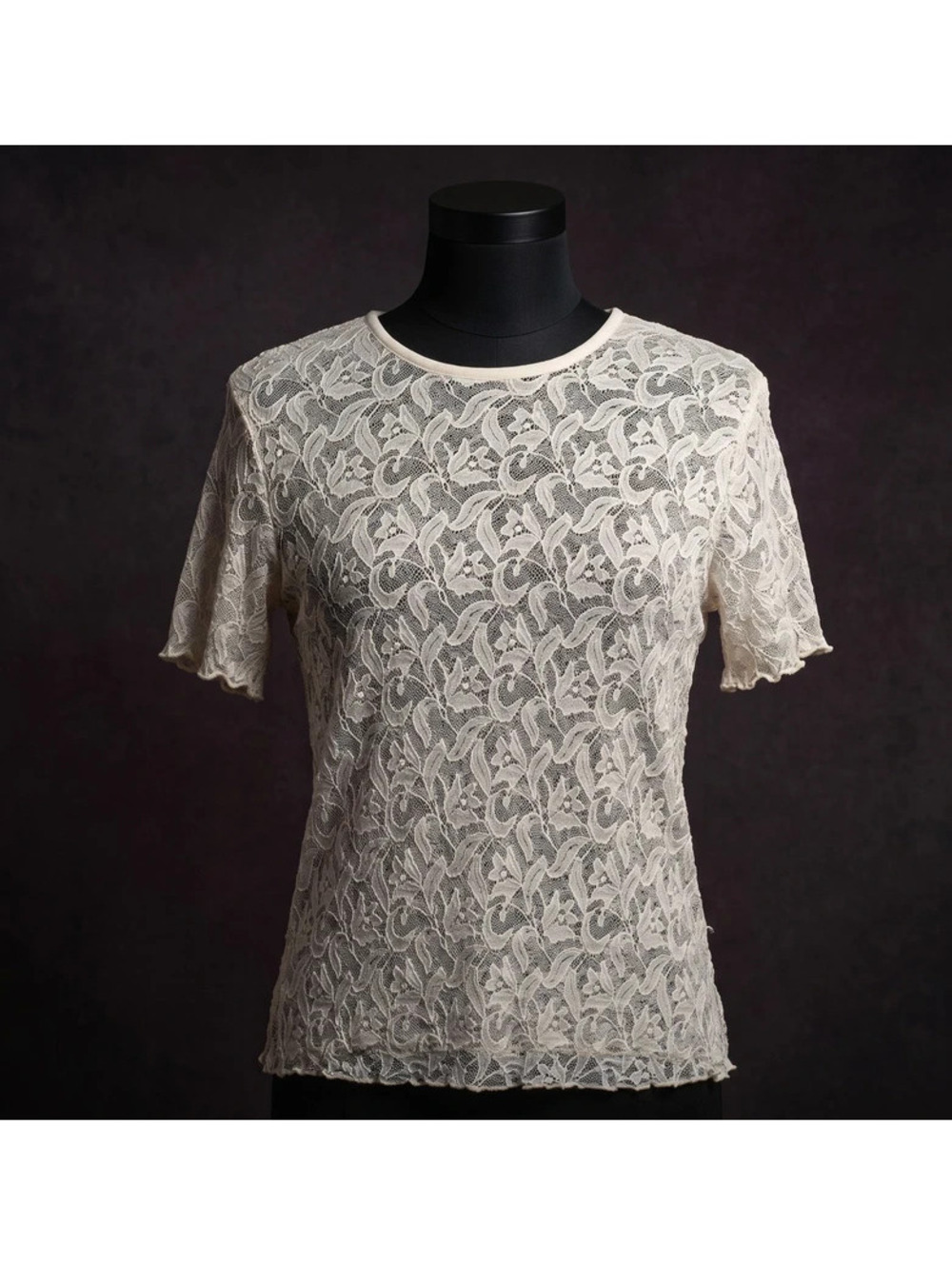 Miss California Vintage White Floral Lace Short Sleeve Top M